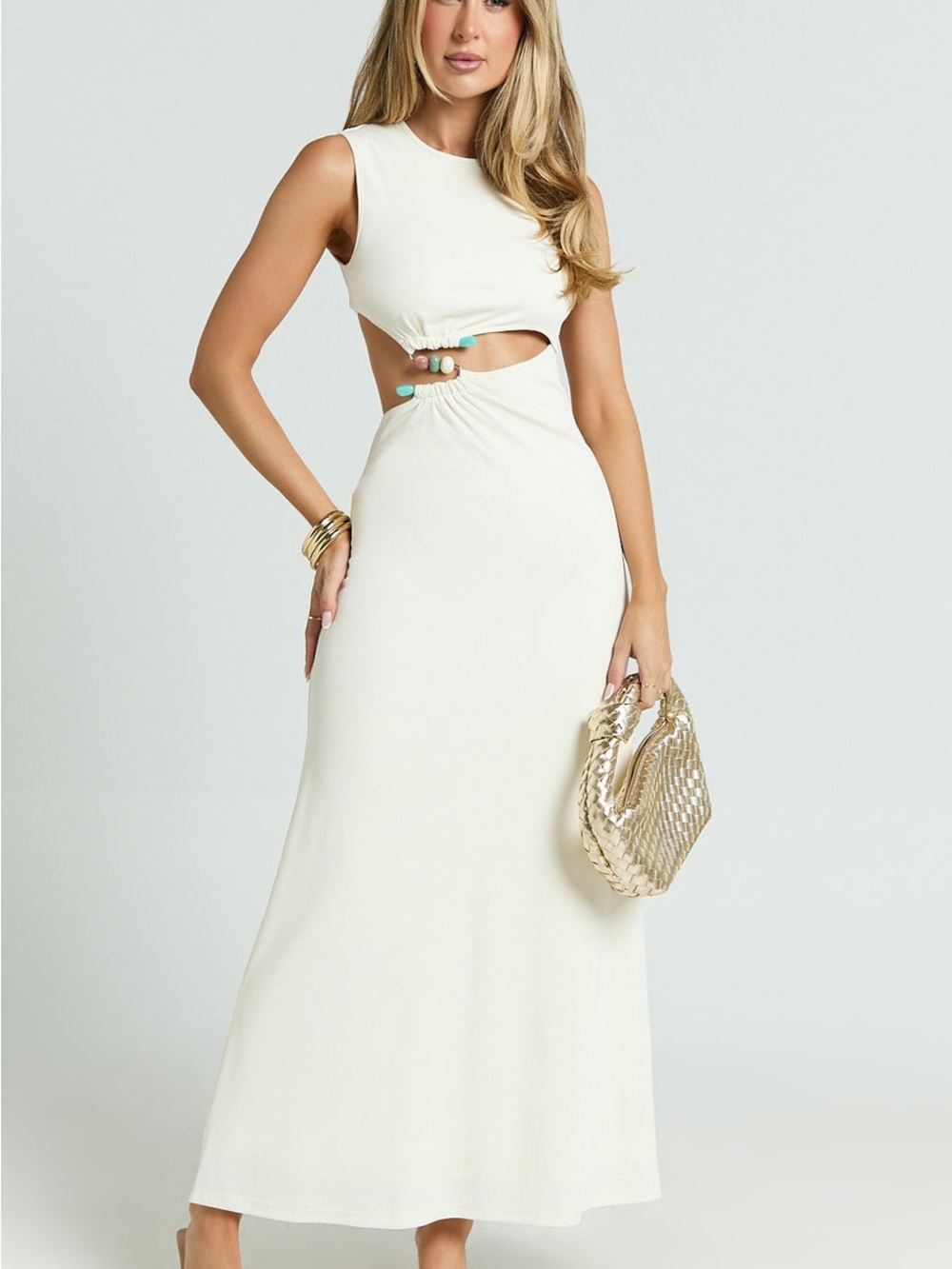 Showpo Cream Maxi Dress with Cutout and Bead Detail